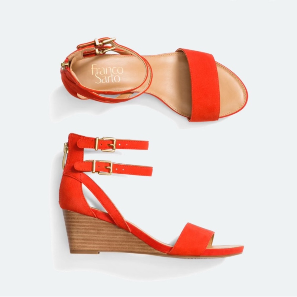 Franco Sarto Danissa Orange Red Leather Wedge Sandals